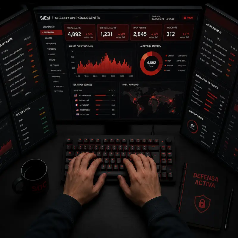 SOC de defensa activa con dashboards SIEM